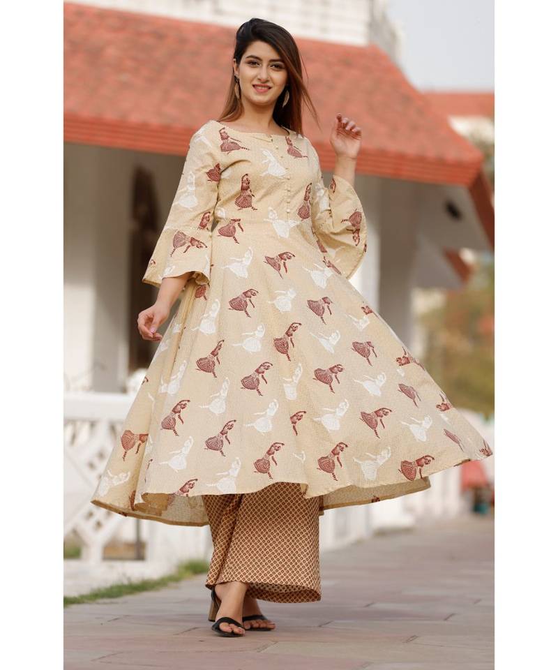 Beige Floral Printed Palazzo Set .