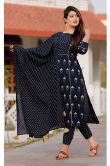 Navy Blue Floral Printed Pant Set And Delited with Bijiya Gota Work