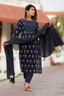 Navy Blue Floral Printed Pant Set And Delited with Bijiya Gota Work