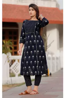 Navy Blue Floral Printed Pant Set And Delited with Bijiya Gota Work
