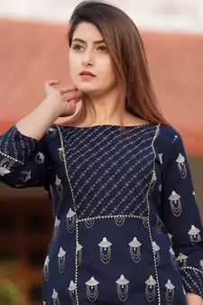 Navy Blue Floral Printed Pant Set And Delited with Bijiya Gota Work