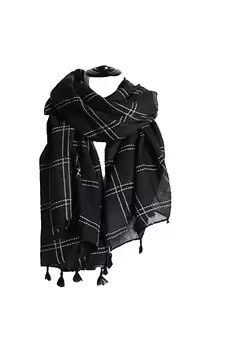 Black  Designer Hand Work White Threaded Square Grid Hijab