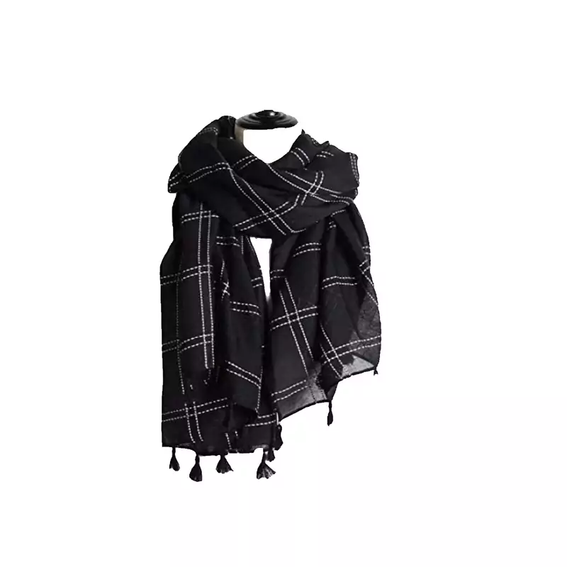 Black  Designer Hand Work White Threaded Square Grid Hijab
