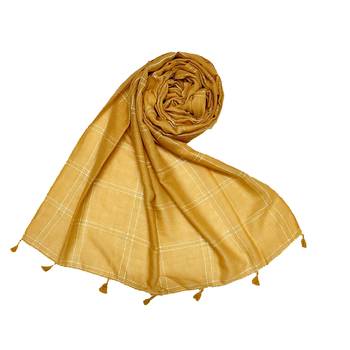 Yellow  Designer Hand Work White Threaded Square Grid Hijab 1