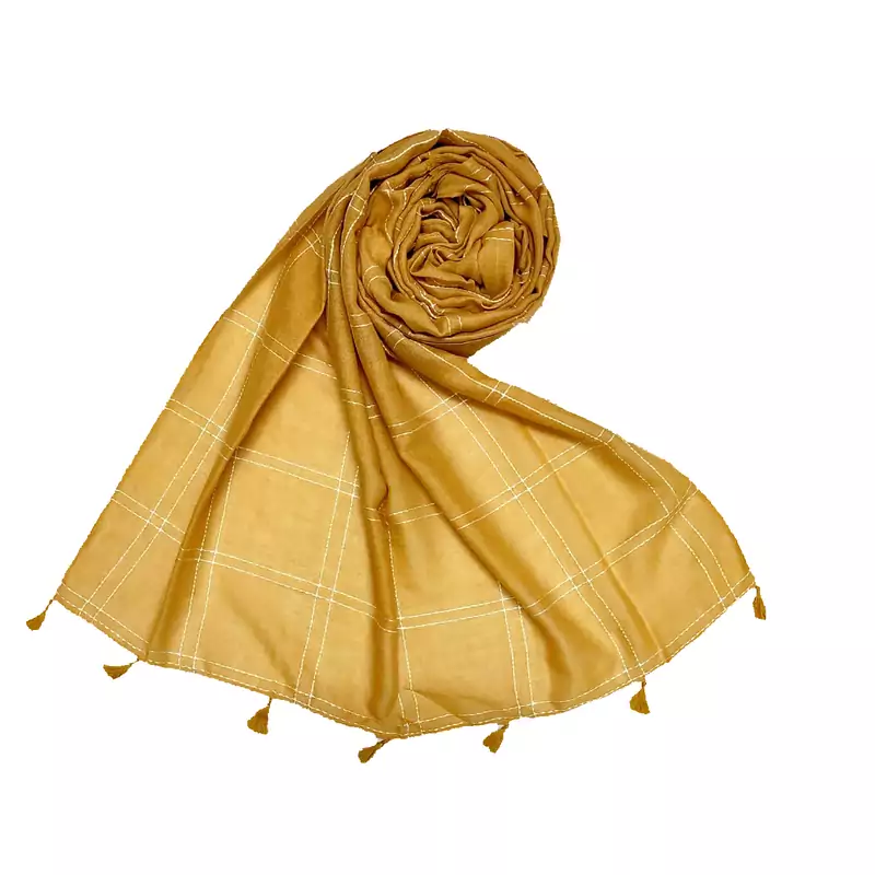 Yellow  Designer Hand Work White Threaded Square Grid Hijab
