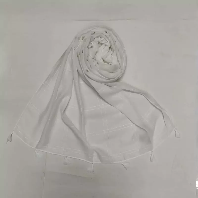 White  Designer Hand Work White Threaded Square Grid Hijab