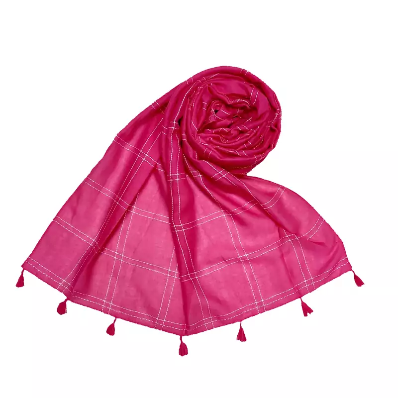 Pink  Designer Hand Work White Threaded Square Grid Hijab