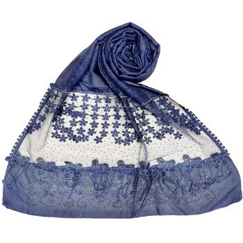 Blue  Premium Cotton Designer Diamond Studed Hijab With Fringe's And Flower 1