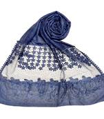 Blue  Premium Cotton Designer Diamond Studed Hijab With Fringe's And Flower