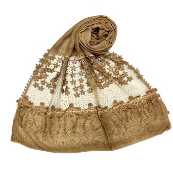 Brown  Premium Cotton Designer Diamond Studed Hijab With Fringe's And Flower 1