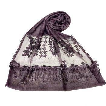 Purple  Premium Cotton Designer Diamond Studed Hijab With Fringe's And Flower 1
