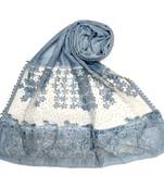 Blue  Premium Cotton Designer Diamond Studed Hijab With Fringe's And Flower