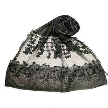 Black Premium Cotton Designer Diamond Studed Hijab With Fringe's And Flower 1