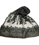 Black Premium Cotton Designer Diamond Studed Hijab With Fringe's And Flower