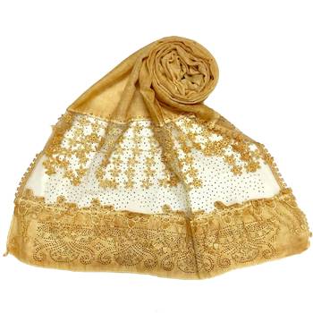 Yellow  Premium Cotton Designer Diamond Studed Hijab With Fringe's And Flower 1