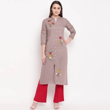 women's embroidered straight rayon beige kurti 1
