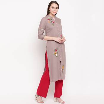 women's embroidered straight rayon beige kurti 3