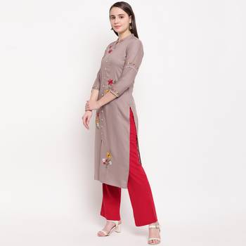women's embroidered straight rayon beige kurti 4