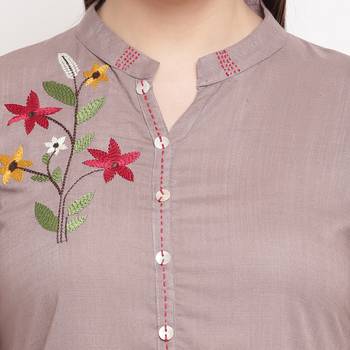 women's embroidered straight rayon beige kurti 5