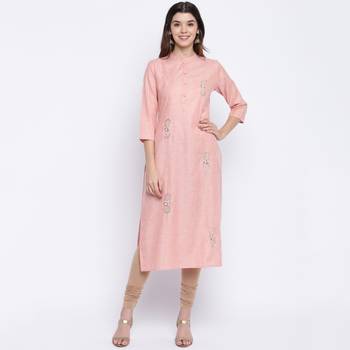 women's embroidered/solid straight cotton peach kurti 1