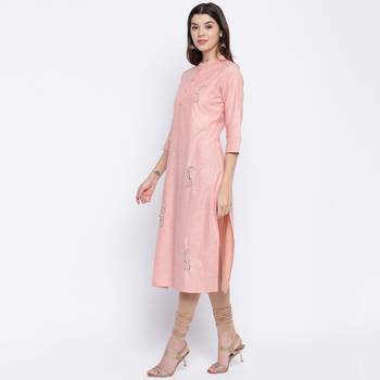 women's embroidered/solid straight cotton peach kurti 4
