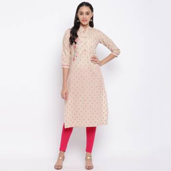 women's printed/embroidered straight cotton beige kurti 1