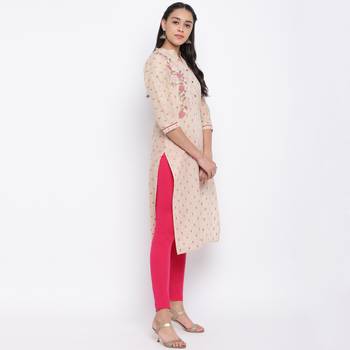 women's printed/embroidered straight cotton beige kurti 3