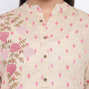 women's printed/embroidered straight cotton beige kurti 5