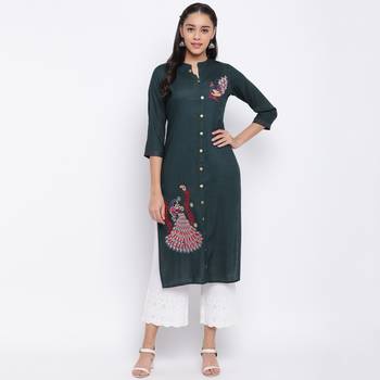 women's embroidered straight slub rayon green kurti 1
