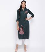 women's embroidered straight slub rayon green kurti