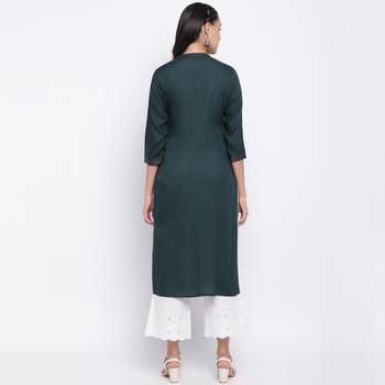 women's embroidered straight slub rayon green kurti 2