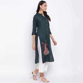women's embroidered straight slub rayon green kurti 3