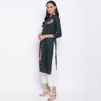 women's embroidered straight slub rayon green kurti 4