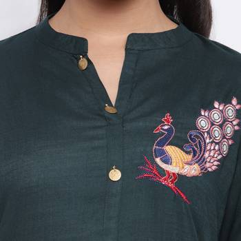women's embroidered straight slub rayon green kurti 5