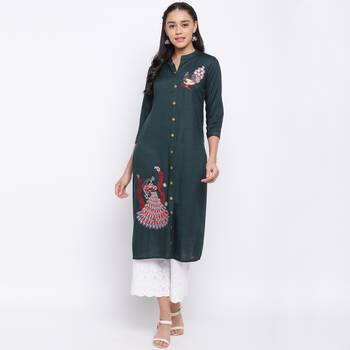 women's embroidered straight slub rayon green kurti 6