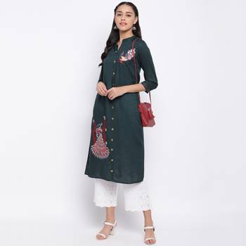women's embroidered straight slub rayon green kurti 7