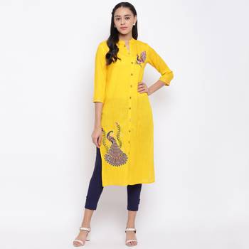 women's embroidered straight slub rayon yellow kurti 1