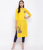 women's embroidered straight slub rayon yellow kurti