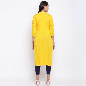 women's embroidered straight slub rayon yellow kurti 2