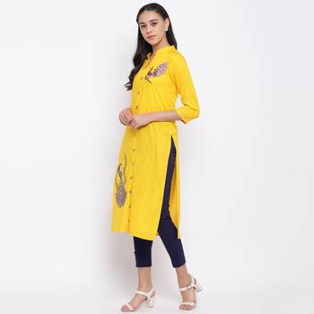 women's embroidered straight slub rayon yellow kurti 3