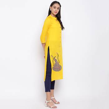 women's embroidered straight slub rayon yellow kurti 4