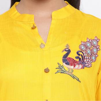 women's embroidered straight slub rayon yellow kurti 5