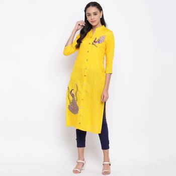 women's embroidered straight slub rayon yellow kurti 6