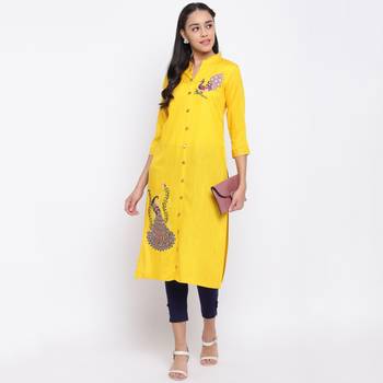 women's embroidered straight slub rayon yellow kurti 7