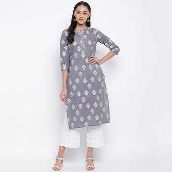 women's printed straight cotton grey kurti 1