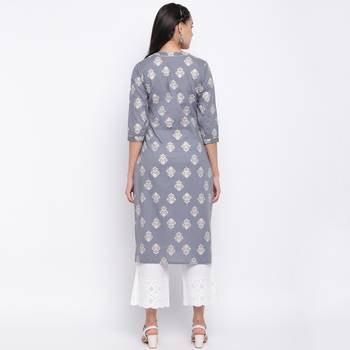 women's printed straight cotton grey kurti 2