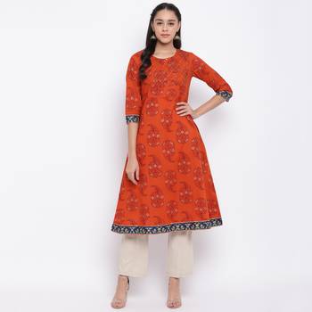 women's printed a-line cotton orange kurti 1
