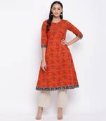 women's printed a-line cotton orange kurti