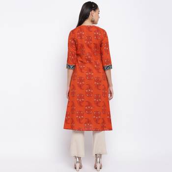 women's printed a-line cotton orange kurti 2