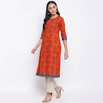 women's printed a-line cotton orange kurti 3